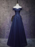 A-Line Off Shoulder Tulle Lace Dark Blue Long Formal Prom Dress Formal Dress HZ0311