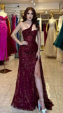 Glitter Burgundy One Shoulder Sequin Prom Dress Slit Sexy Party Dress HZ0311