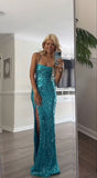 Classy Tiffany Blue Sequins Dress Formal Mermaid Prom Outfit Weddings Long Party Dresses HZ0311