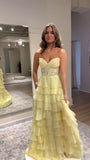 A line Sweetheart Pale Yellow Chiffon Flowy Ruffle Long Formal Gowns Prom Dresses Evening Dress HZ0311