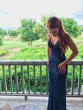 Unique Mermaid Halter Navy Blue Long Prom Dresses Dark Blue Sequins Formal Gown Inspo Evening Dress HZ0311