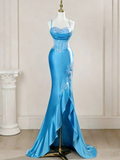 Elegant Mermaid Spaghetti Straps Blue Satin Beaded Pleated Long Prom Dresses Vestidos De Dia HZ0311
