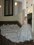 Sparkly Ball Gown Strapless Silver Sequin Long Quinceanera Dress Birthday Luxury Sweet 15 16 Birthday Gown HZ0311