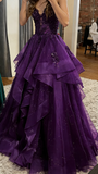 Chic Ball Gown Spaghetti Straps Burgundy Tulle Lace Long Prom Dress Evening Formal Gowns HZ0311