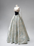 Modest Ball Gown Strapless Floral Blue Satin Long Evening Prom Dresses Floor Length Evening Formal Dress HZ0311