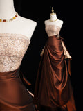 Modest Ball Gown Strapless Champagne Beaded Top Brown Skirt Long Evening Prom Dresses Long Evening Formal Dress HZ0311