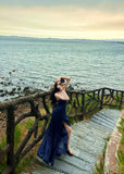 Sexy Navy Blue V-neck Lace-Up Mermaid Long Prom Dress with Slit HZ0311