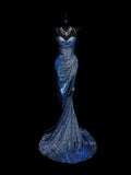 Elegant Mermaid Spaghetti Straps Navy Blue Slit Sequins Long Prom Dresses Formal Party Gowns Vestidos De Dia HZ0311