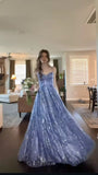 Elegant A Line Spaghetti Straps Blue Sequins Long Prom Dresses Formal Teens Party Dress Vestidos De Dia HZ0311