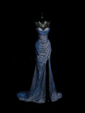 Elegant Mermaid Spaghetti Straps Navy Blue Slit Sequins Long Prom Dresses Formal Party Gowns Vestidos De Dia HZ0311