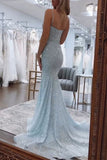 Shiny Blush Pink Sequins Mermaid Spaghetti Straps Long Beaded Prom Dress Party Gowns HZ0311
