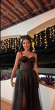 Simple Spaghetti Straps A line Black Slit Sequins Inspo Formal Party Gowns Long Prom Dress HZ0311