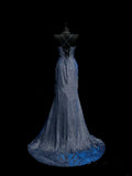 Elegant Mermaid Spaghetti Straps Navy Blue Slit Sequins Long Prom Dresses Formal Party Gowns Vestidos De Dia HZ0311