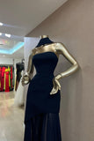 Elegant Mermaid Strapless Navy Blue With Scarf Winter Long Formal Ideas Prom Evening Dress Dinner Outfits Party Gowns For Women HZ0311