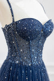 Stylish Navy Blue Spaghetti Straps Tulle Beading Prom Dress Evening Formal Dresses Vestidos De Dia HZ0311