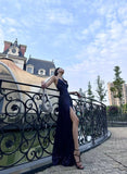 Sexy Navy Blue V-neck Lace-Up Mermaid Long Prom Dress with Slit HZ0311