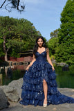 Special Ball Gown Sweetheart Strap Dark Navy Blue Lace With High Slit Sleeveless Long Prom Dresses Inspo Prom Gown HZ0311