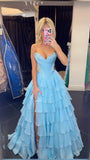 Classy Ball Gown Sweetheart Light Blue Chiffon With Slit Split Long Prom Dress Aesthetic For Teens Formal Party Outfits Prom Gowns HZ0311