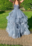 Ball Gown Blue V-neck Tulle Appliques Long Prom Dress Spaghetti Strap Evening Dress Birthday Gowns HZ0311