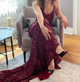 Elegant Mermaid Halter Burgundy Deep Red Sequins Long Prom Dresses Formal Party Gowns Vestidos De Dia HZ0311