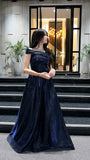 A Line Dark Navy Off-The-Shoulder Long Train Prom Dress Inspo Prom Gown HZ0311