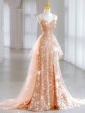 Luxury Evening Dresses Train Bride Beach Party Gold Sequins Douber Straps Prom Dresses Formal Gowns HZ0311