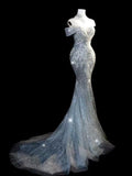 Princess Long Wedding Gowns Mermaid Off The Shoulder White Sequins For Bride With Sleeves Train Bridal Dresses HZ0311