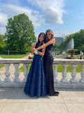 A Line Spaghetti Straps Navy Blue Satin Lace Backless Party Long Prom Dresses HZ0311