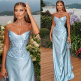 Gorgeous Fashion Sheath Blue Satin Prom Dresses Luxury Strapless Sleeveless Formal Gowns HZ0311