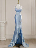 Elegant Mermaid Spaghetti Straps Blue Satin Beaded Pleated Long Prom Dresses Vestidos De Dia HZ0311
