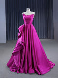 A-line Fuchsia Satin Strapless Pleats Prom Dresses Birthday Outfits HZ0311