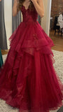 Chic Ball Gown Spaghetti Straps Burgundy Tulle Lace Long Prom Dress Evening Formal Gowns HZ0311