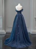 A-Line Off Shoulder Tulle Lace Dark Blue Long Prom Dresses HZ0311