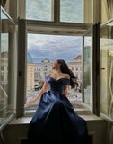 Special Ball Gown Off The Shoulder Dark Navy Blue Satin With Short Sleeves Long Prom Dresses Inspo Prom Gown HZ0311