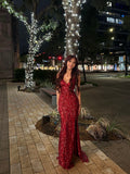 Glitter Mermaid Spaghetti Straps Dark Burgundy Sequin Evening For Women Party Dresses Long Formal Prom Dress 18th Birthday Gown HZ0311