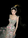 Shimmer Mermaid Scoop Neck Floral Sequin Lace Wedding Dress With Train Fairytale Brides Gown Wedding Dresses HZ0311
