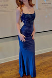 Spaghetti Straps Sequins Appliques Prom Dresses Blue Satin Mermaid Evening Dress HZ0311