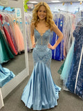 Appliqued Mermaid Light Blue Lace Spaghetti Straps Pageant Formal Prom Dresses HZ0311