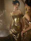 Mermaid Off The Shoulder Gold Sequin Short Sleeves Prom Dresses Inspiration Long Night Outfits Birthday Outfit HZ0311