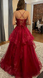 Chic Ball Gown Spaghetti Straps Burgundy Tulle Lace Long Prom Dress Evening Formal Gowns HZ0311