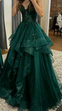 Chic Ball Gown Spaghetti Straps Burgundy Tulle Lace Long Prom Dress Evening Formal Gowns HZ0311