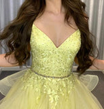 Elegant Ball Gown Spaghetti Straps Yellow Lace Long Tulle Prom Dresses Vestidos De Dia HZ0311