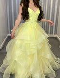 Elegant Ball Gown Spaghetti Straps Yellow Lace Long Tulle Prom Dresses Vestidos De Dia HZ0311