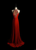 Classic A line Halter Red Chiffon Sleeveless With Beads Long Prom Dresses High School Senior Graduation Dance Evening Outfits HZ0311