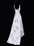 Classy High Low Square Neck Formal Floral Satin White Style Impress Long Prom Dresses Party Gowns HZ0311