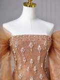 Sparkly Mermaid Strapless Sequins With Beaded Short Sleeves Long Formal Fancy Prom Evening Dress Dinner Outfits Party Gowns HZ0311