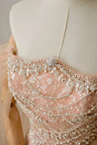 Modest A line Off The Shoulder Champagne Sequin Beaded Prom Dresses Long Party Dress Evening Outfits Graduation Dress HZ0311