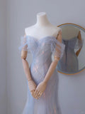 Sexy Mermaid Off The Shoulder Lilac With Short Sleeves Beads Long Prom Dresses Formal Party Dress Prom Gown HZ0311
