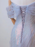 Sexy Mermaid Off The Shoulder Lilac With Short Sleeves Beads Long Prom Dresses Formal Party Dress Prom Gown HZ0311