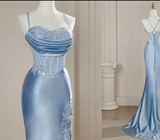 Elegant Mermaid Spaghetti Straps Blue Satin Beaded Pleated Long Prom Dresses Vestidos De Dia HZ0311